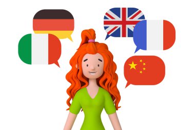 Farklı diller öğrenen genç bir kız, çok dillilik kavramı. Kız çeşitli yabancı diller konuşuyor. Moda 3d illüstrasyon. 