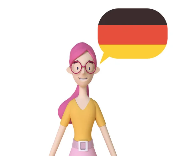 Rózsaszín Hajú Lány Beszél Németül Diák Tanul Németül Koncepció Tanulmány — Stock Fotó