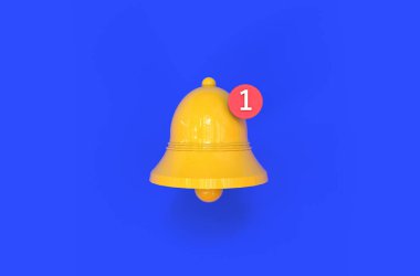 Notification bell icon isolated on bleu background. Social media notification. Trendy 3d illustration.  clipart