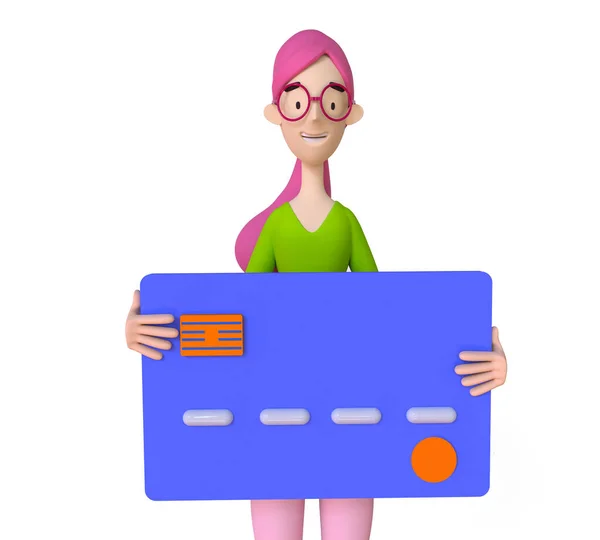 信用卡支付概念 非接触式支付 持信用卡的妇女在白色背景上的3D图片 — 图库照片