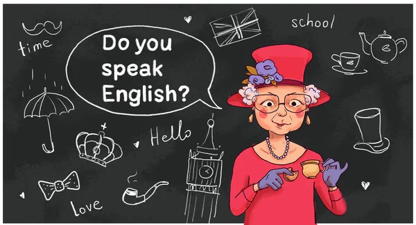 Angličanka Pije Čaj Ptá Mluvíte Anglicky Anglický Koncept Učení — Stock fotografie