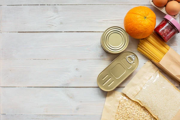 Donazione Cibo Sfondo Legno Con Spazio Copia Piatto Fingere Riso — Foto Stock