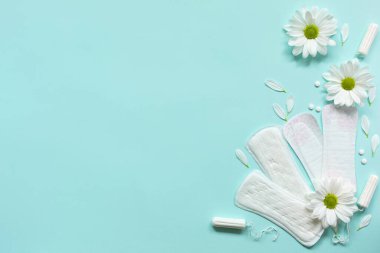 Adet tamponları, tamponlar ve mavi arka planda beyaz çiçekler. Regl döngüsü, hijyen ve koruma kavramı. Metnin için alanı kopyala. Düz la