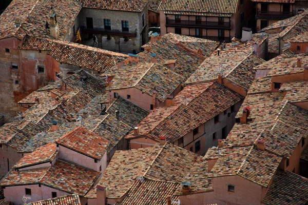 Landskap Albarracin Med Sina Typiska Röda Hus Teruel Stockbild