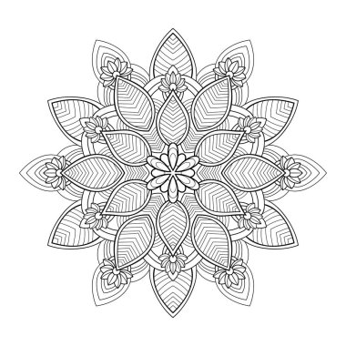 Soyut dinamik mandala beyaz izole arka planda çizgili ve çiçek desenli. Boyama kitabı sayfaları için.