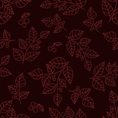 Koyu kahverengi arka planda yaprak ve böğürtlen içeren kırmızı dallar çizildi. Kusursuz sonbahar karalama deseni. Tekstil ve ambalaj için uygun..