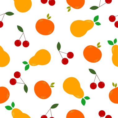 Parlak armut, kiraz, beyaz arka planda yapraklı turuncu. Kusursuz meyve mevsimi düz desen. Tekstil ve ambalaj için elverişli.