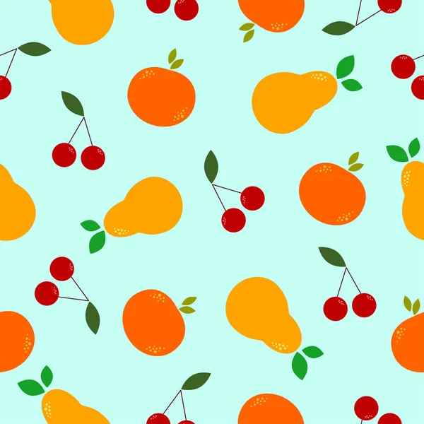 Cute Pear Cherry Orange Leaf Calm Light Blue Background Flat — Stock Vector