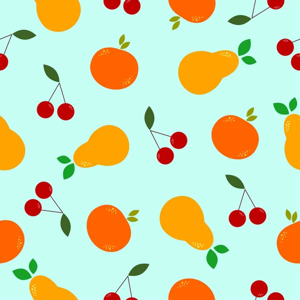 Linda Pera Cereza Naranja Con Hoja Sobre Tranquilo Fondo Azul — Vector de stock