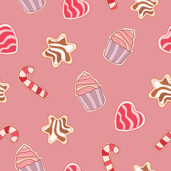 Vánoční Barevné Sladkosti Muffin Srdce Lízátko Hvězda Klidném Růžovém Pozadí — Stockový vektor