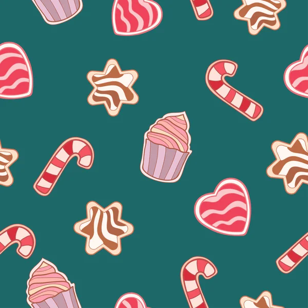 Vánoční Cukroví Muffinu Srdce Lízátka Hvězdy Tyrkysovém Pozadí Bezešvé Jídlo — Stockový vektor
