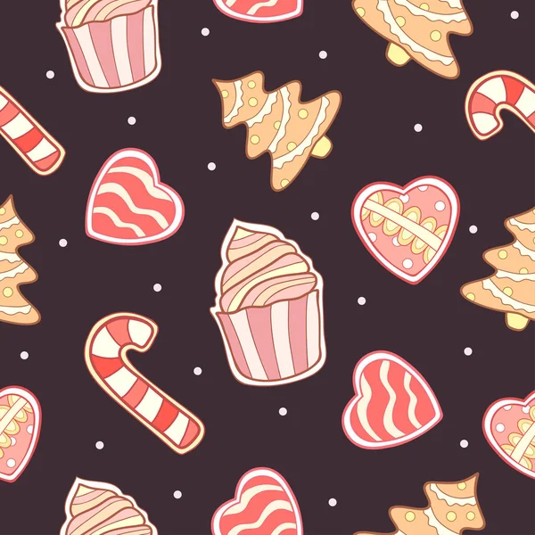 Christmas Bright Sweets Muffin Heart Lollipop Fir Tree Snow Brown — Stock Vector
