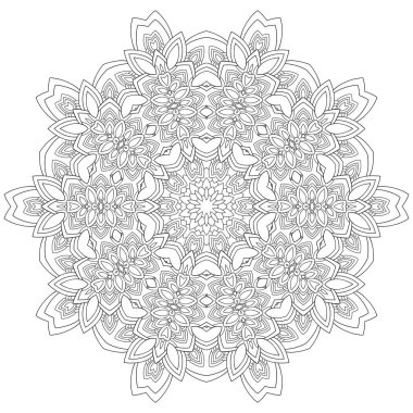 Beyaz izole arka planda çiçek desenli büyük dekoratif mandala. Boyama kitabı sayfası için uygun.