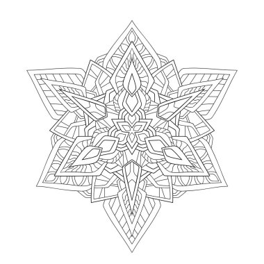 Beyaz yalıtılmış arka planda geometri desenli dekoratif kar tanesi mandala. Boyama kitabı sayfaları için uygun.