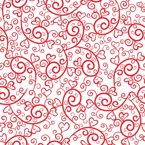 Decorative Red Floral Swirls Hearts White Background Seamless Lovely Doodle — Stock Vector