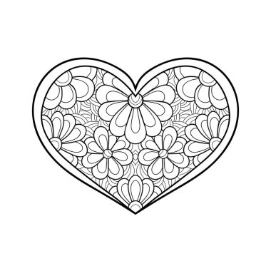 Mandala, beyaz izole edilmiş arka planda papatya çiçekleri olan bir kalp şeklinde. Boyama kitabı sayfaları için.