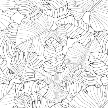 Beyaz arka planda canavarların, palmiyelerin ve diğer bitkilerin el yapımı siyah yaprakları. Kusursuz tropikal çiçek deseni. Boyama kitabı, duvar kağıdı, tekstil, ambalaj için elverişli.