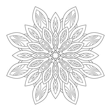 Beyaz yalıtılmış arka planda basit desenli dekoratif çiçek mandala. Boyama kitabı sayfaları için.