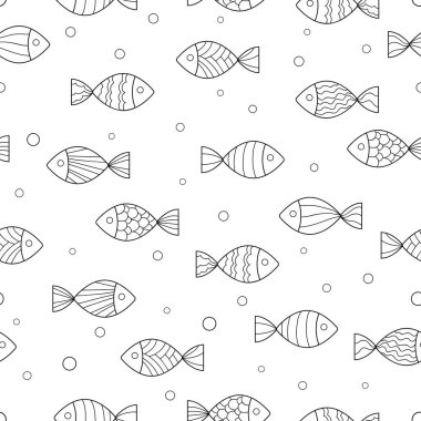 Basit desenli şirin karalama balıkları ve beyaz arka planda baloncuklar. Kusursuz okyanus dekoratif deseni. Tekstil, ambalaj ve boyama kitabı için uygun..