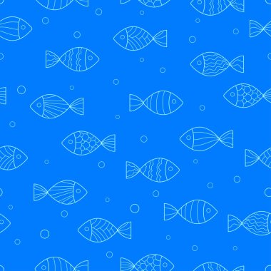 Basit desenli beyaz balıklar ve mavi arka planda baloncuklar. Kusursuz okyanus yaz şablonu. Tekstil ve ambalaj için uygun..