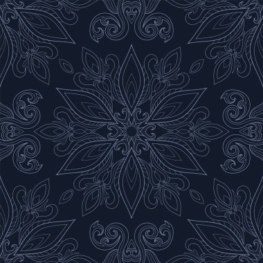 Çiçekli hafif mandala, menekşe arka planında antika elementler var. Kusursuz bir desen. Sarmak için uygun, tekstil..