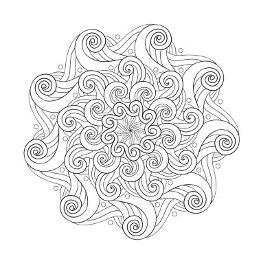 Deniz unsurlarıyla dekoratif mandala ve beyaz izole edilmiş arka planda dalgalar. Boyama kitabı sayfaları için.