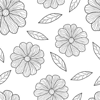 El çizimi papatya çiçekleri ve beyaz arka planda yapraklar. Kusursuz çiçek deseni. Boyama kitabı, ambalaj, tekstil, duvar kağıdı için uygun.