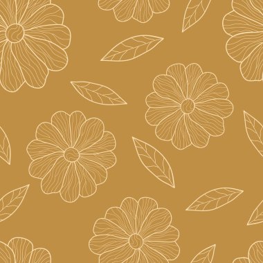 Sarı arka planda yaprakları olan el yapımı papatya tomurcukları. Kusursuz çiçek deseni. Boyama kitabı, ambalaj, tekstil, duvar kağıdı için uygun.