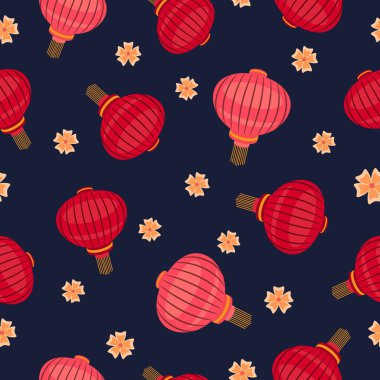 Koyu mavi arka planda sarı çiçekli düz kırmızı ve pembe Çin fenerleri. Kusursuz kış ışığı deseni. Paketleme tasarımı için uygun, duvar kağıdı.