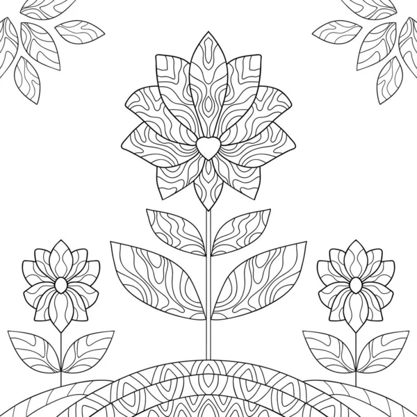 Yaprakları ve dalgalı desenleri olan fantezi çiçek mandalası, yerde küçük bitkiler. Beyaz izole arka planda botanik çizimi. Boyama kitabı sayfaları için.