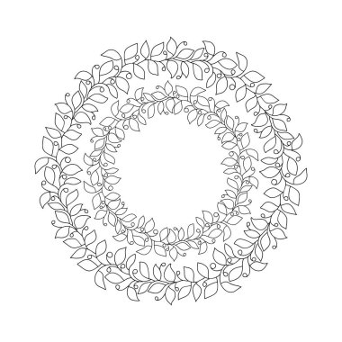 Beyaz yalıtılmış arka planda yaprak ve böğürtlenli dekoratif çiçek mandala. Boyama kitabı sayfaları için.