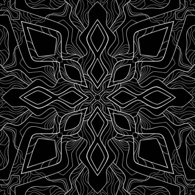 Siyah arka planda kış kristali elementleri olan soyut mandala. Kusursuz desen.