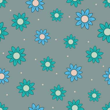 Decorative turquoise and blue sunflowers with white dots on a gray-green background. Seamless floral summer pattern. Suitable for packaging, textile.