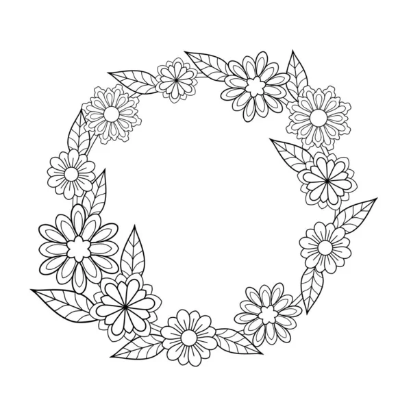 白い孤立した背景に装飾的な花や葉を持つ丸い花輪 本のページ カード 招待状の着色に適しています — ストックベクタ