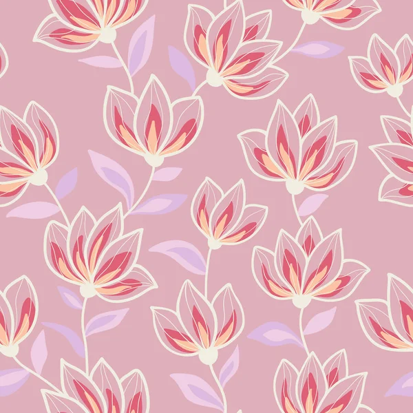 Φαντασία Πολύχρωμα Λουλούδια Ανοιχτό Μωβ Φύλλα Ροζ Φόντο Χωρίς Ραφές — Διανυσματικό Αρχείο