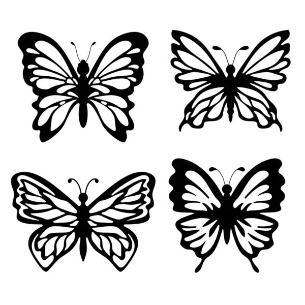 Conjunto Cuatro Siluetas Mariposas Sobre Fondo Blanco Aislado Patrones Simples — Archivo Imágenes Vectoriales