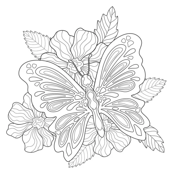 Decoratieve Vlinder Met Eenvoudige Patronen Bloemen Bladeren Een Witte Geïsoleerde — Stockvector