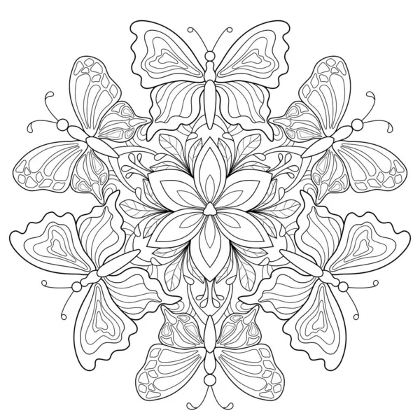 Mariposas Con Patrones Simples Hojas Flores Garabatos Mandala Decorativo Verano — Vector de stock