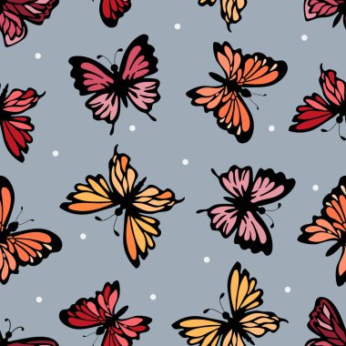 Kırmızı, pembe, turuncu ve sarı kelebekler, gri-mavi arka planda basit elementler ve ışık noktaları. Böcekler. Kusursuz karalama yaz şablonu. Duvar kağıdı, tekstil, ambalaj için elverişli.