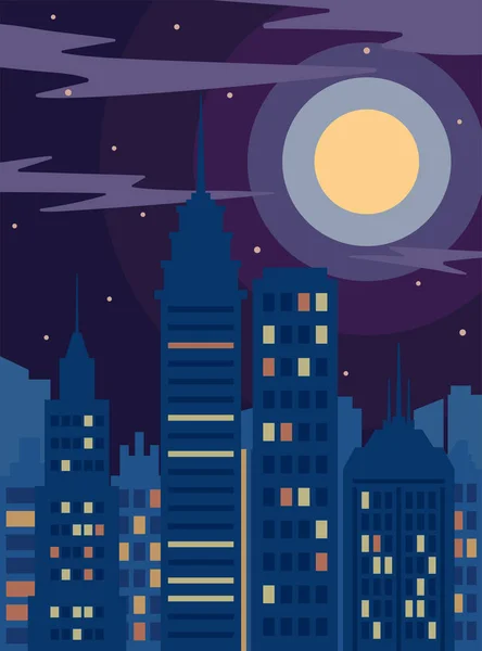 Ночной Город Высокие Здания Свет Окнах Облака Луна Небо Плоская — стоковый вектор