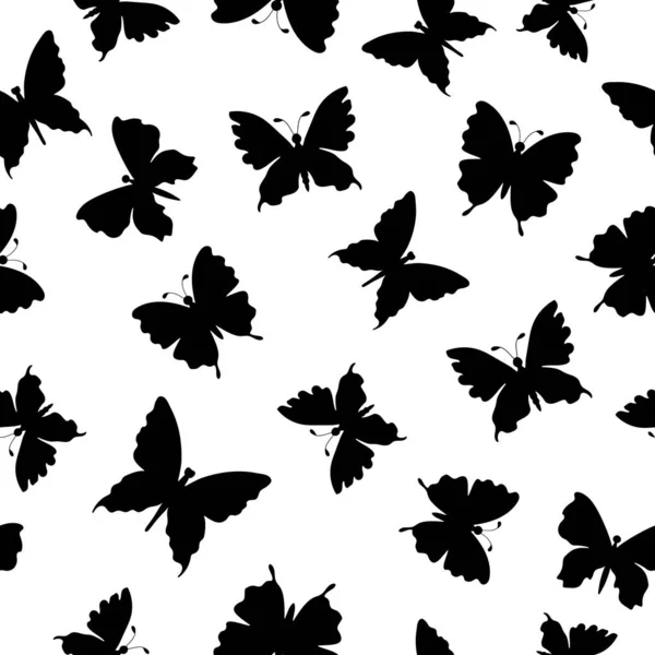 Schwarze Silhouetten Von Schmetterlingen Auf Weißem Hintergrund Insekten Nahtloses Doodle — Stockvektor