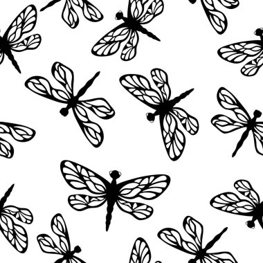 Beyaz arka planda basit dekoratif şekillere sahip siyah yusufçuklar. Kusursuz böcek stili desen. Sarmak için uygun, tekstil..