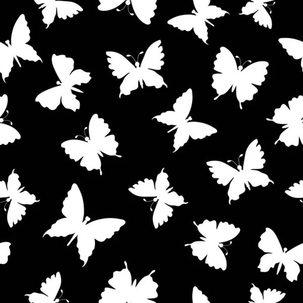 Silhouettes Blanches Papillons Sur Fond Noir Des Insectes Modèle Été — Image vectorielle