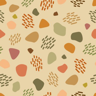 Farklı boyutlarda renkli basit şekiller, sakin bir bej arka planda çizgili gruplar. Kusursuz soyut karalama kalıbı. Tekstil ve ambalaj için elverişli.
