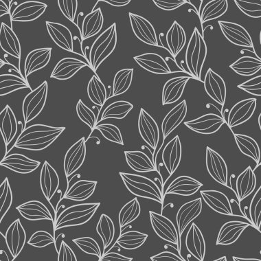 Gri arka planda yaprakları olan dekoratif ışık dalları. Kusursuz karalama deseni. Duvar kağıdı, tekstil, ambalaj için elverişli.