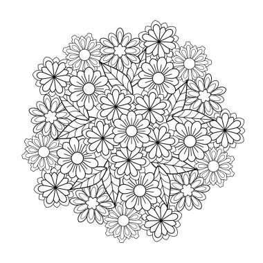Farklı çiçeklerden dekoratif mandala. Beyaz izole edilmiş arka planda yaprakları yuvarlak şekilli. Boyama kitabı sayfaları için.