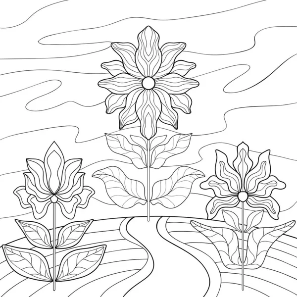 Три Разных Цветка Простыми Узорами Листьями Стилизованная Дорога Небо Летняя — стоковый вектор