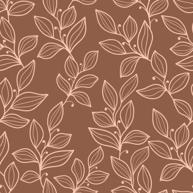 Kahverengi arka planda yaprakları ve böğürtlenleri olan açık bej dallar. Kusursuz karalama deseni. Tekstil, ambalaj, duvar kağıdı için uygun.