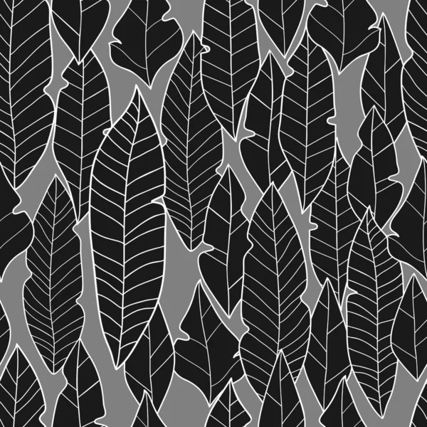 Tropische Schwarze Blätter Auf Grauem Hintergrund Nahtlos Florales Monochromes Kritzelmuster — Stockvektor
