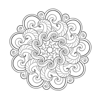Beyaz yalıtılmış arka planda dalgalı ve yumuşak desenli dekoratif mandala. Boyama kitabı sayfaları için.